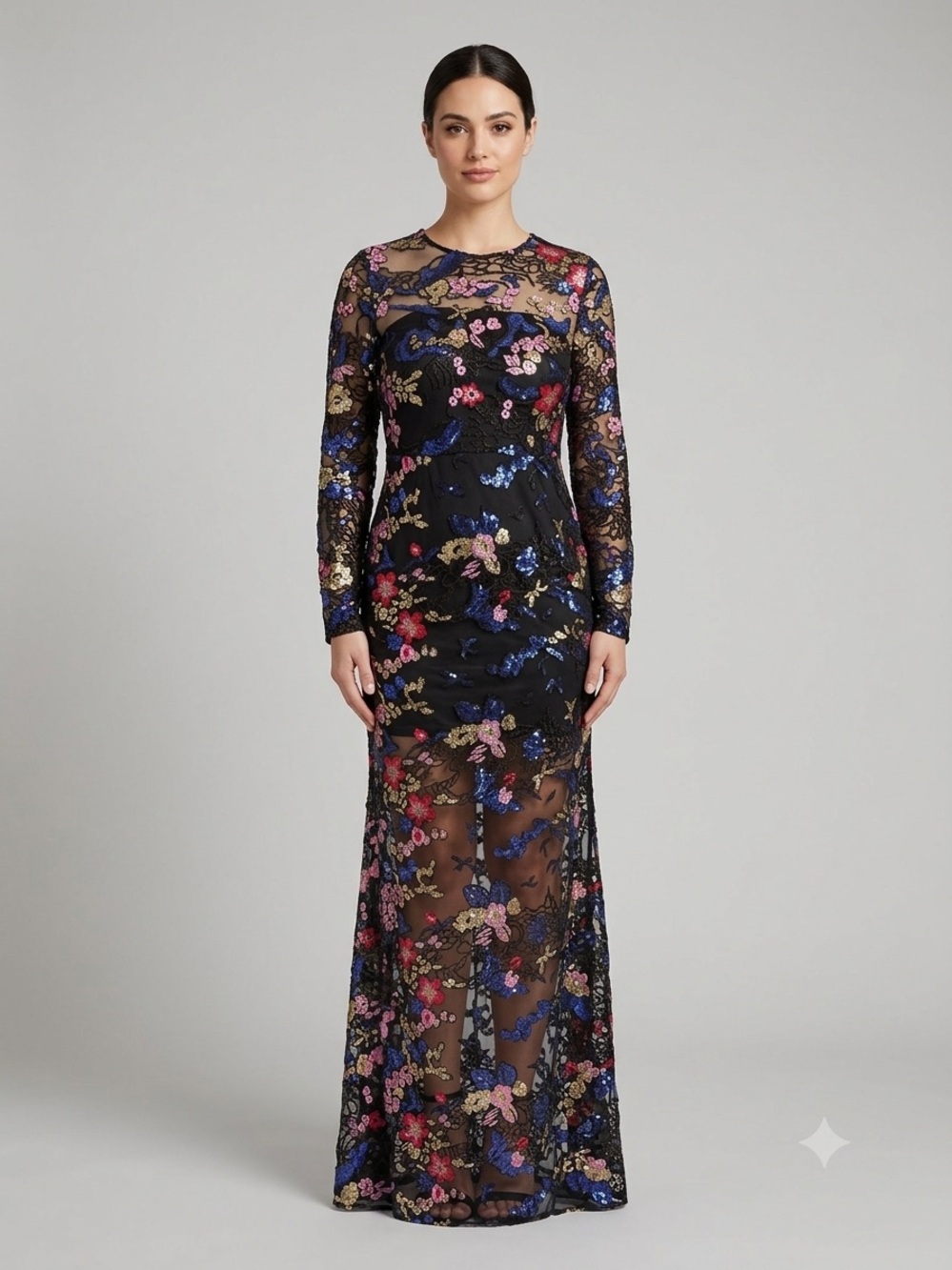 Mestiza New York Floral Sequin Lace Illusion Maxi Gown Size 12 NWT Made in USA